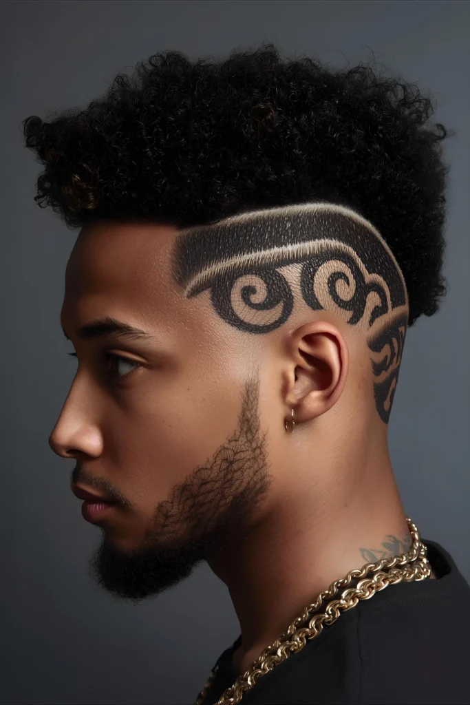 Afro with Disconnected Design Make a dramatic statement with completely shaved sides featuring intricate designs, contrasted against a full, textured top.