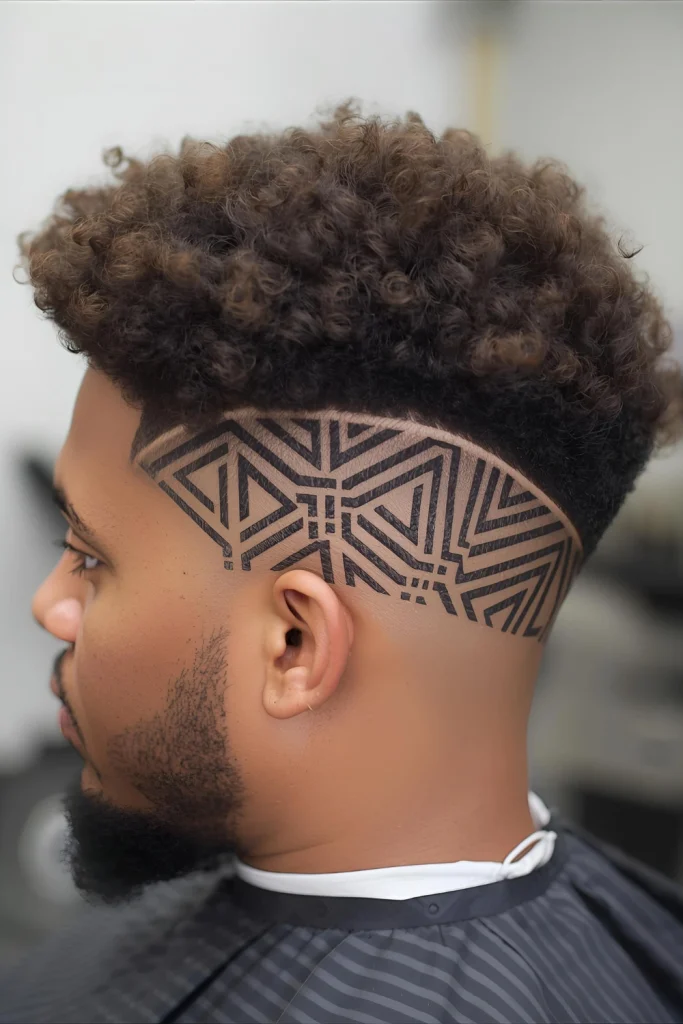 Afro with Geometric Design Transform your afro into a work of art with precise geometric patterns shaved into the sides or back. This style combines natural texture with barbering artistry.