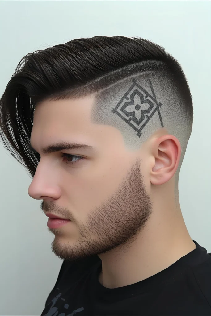 Asymmetrical Undercut with Shaved Design This style combines the sharp contrast of an undercut with unexpected asymmetry and intricate shaved designs. The longer side can be styled dramatically a