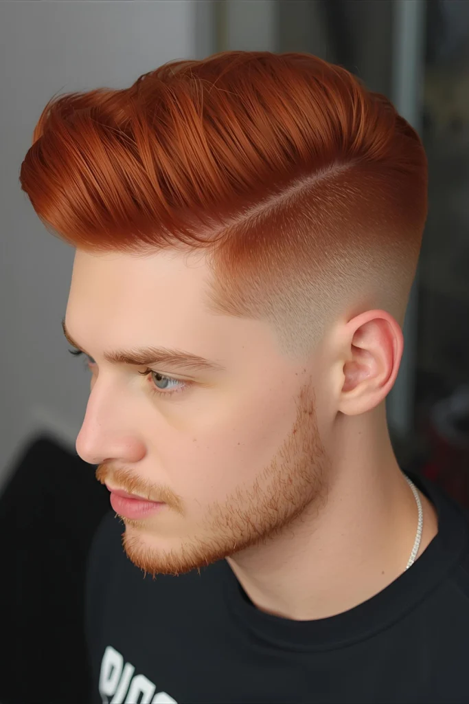 Auburn Pompadour with Low FadeChannel retro glamour with a voluminous pompadour that highlights your auburn tones. The low fade keeps the style modern and wearable for everyday.