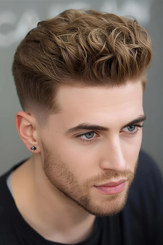 Balayage Fade with Curly Top Hand-painted highlights throughout the curly top create natural-looking dimension, while the faded sides provide clean contrast.