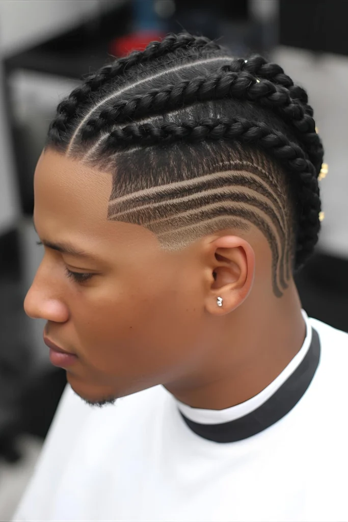 Box Braids with Undercut DesignTraditional box braids get a contemporary update with an undercut featuring razor-sharp designs. This style offers both length and edge.