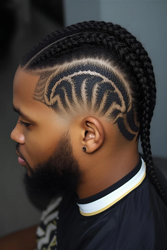 Braided Crown with DesignCornrows that circle the head like a crown, often enhanced with intricate designs shaved into the undercut or faded sections.