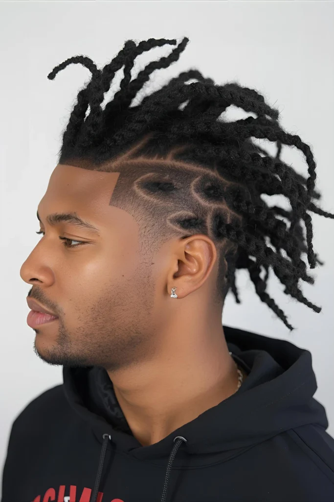Braided Faux HawkCornrows are styled to converge toward the center, creating a dramatic faux hawk effect that stands up to spring winds.