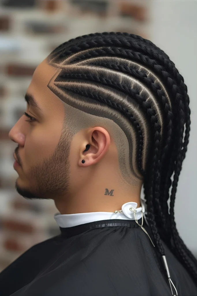 Braided Lines with Skin FadeClean, straight-back braids are paired with a sharp skin fade for maximum contrast and a crisp, clean appearance.