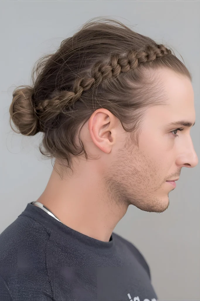Braided Man Bun with Tapered SidesA practical style for longer hair that combines the security of braids with the versatility of an updo. Perfect for active spring days.