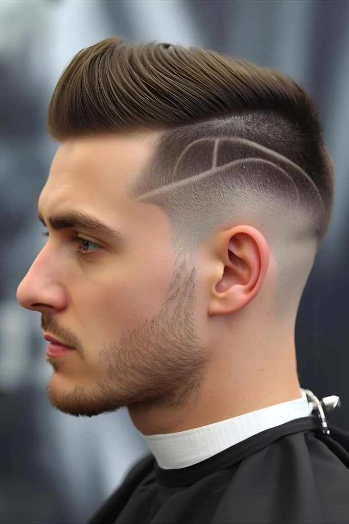Brush Cut with Design The classic brush cut gets updated with strategic designs shaved into the sides, blending military precision with personal expression.