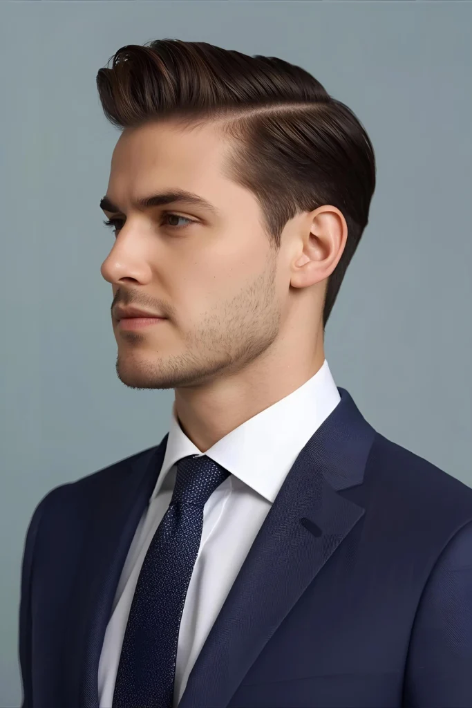 Classic Edgar with Side Part Add sophistication with a clean side part that elevates the basic Edgar into a style suitable for executive positions and client meetings.
