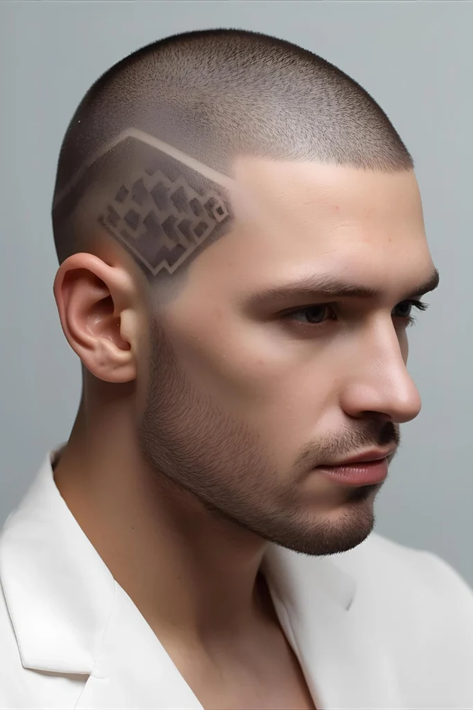 Clean Shave with Design The ultimate minimalist statement features strategic designs shaved into a completely bald head for those committed to the ultra short lifestyle.