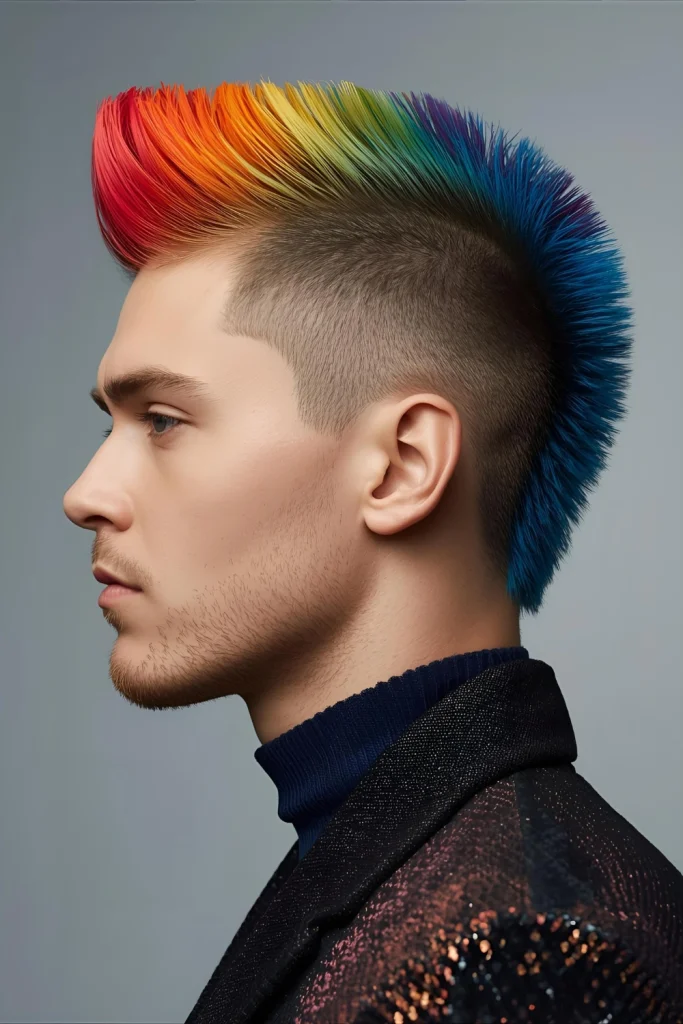 Colored Fohawk with Textured Sides The faux hawk evolves with vibrant color blocking and heavily textured sides. Rather than traditional bright colors throughout, 2026's version often features mo