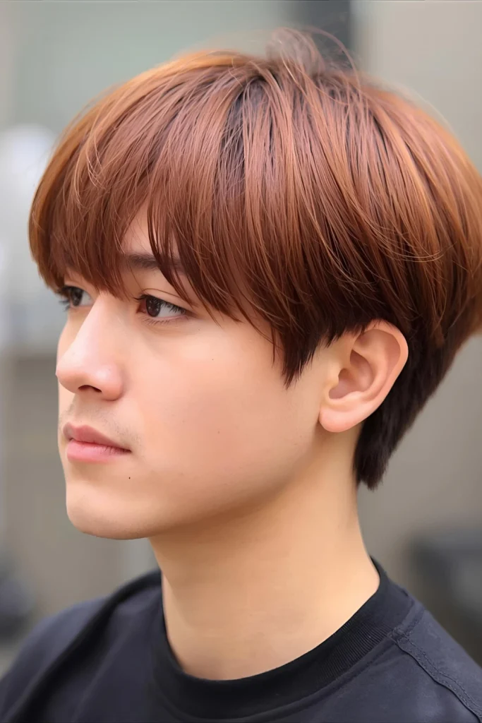 Copper Curtain Bangs with Korean FadeCombine two major trends with this style that features face-framing curtain bangs in copper tones, blended seamlessly into a Korean-style fade for modern elegance.