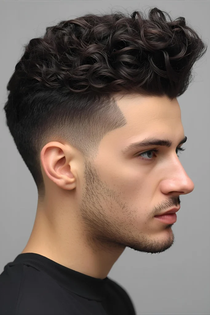 Curly High Top with Line Up Clean, sharp edges frame this voluminous style, creating a powerful contrast between the structured hairline and the free-form texture of the curls.
