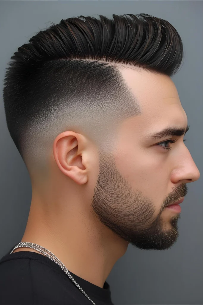 Fohawk with Design A faux hawk created with product rather than length, often enhanced with shaved designs for extra personality.