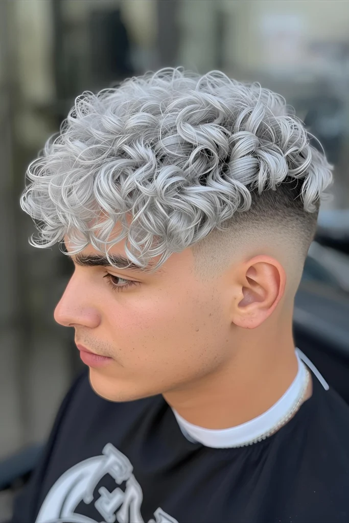 Frosted Curls with Drop Fade Tight curls in platinum shades create stunning dimension, while the drop fade follows the natural hairline.
