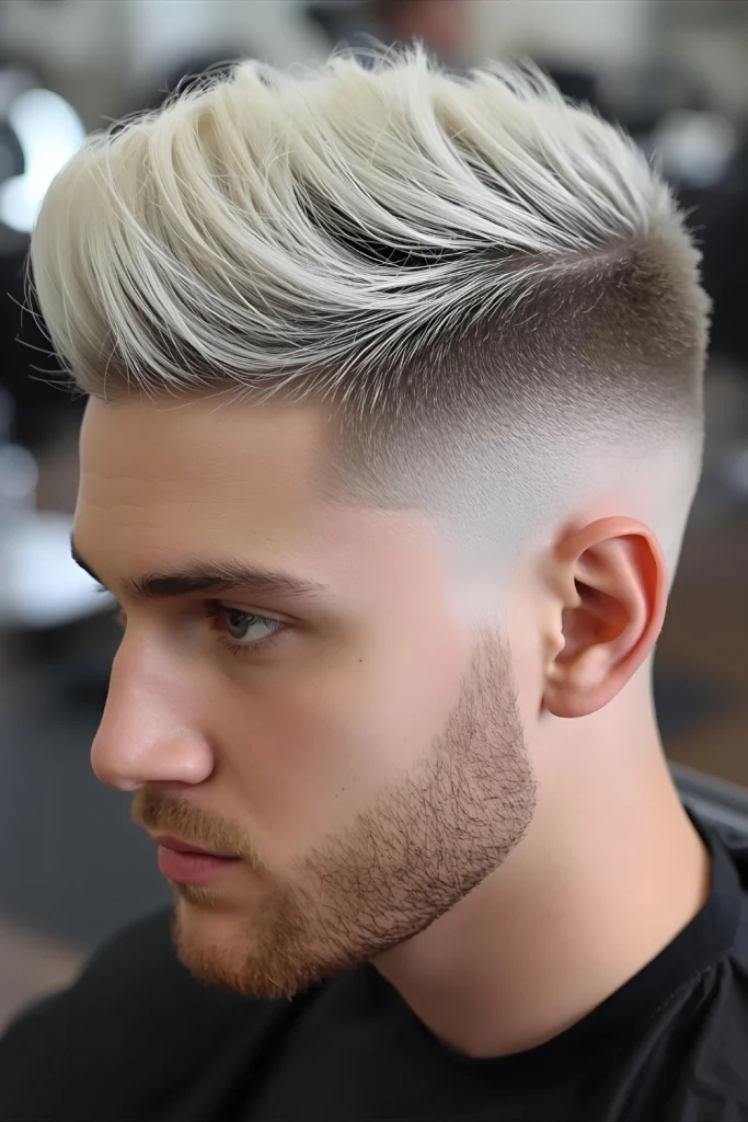 Frosted High Fade

Sharp contrast comes from a high skin fade paired with an icy blonde top. The combination of extreme lightness and dark roots creates dimensional interest.