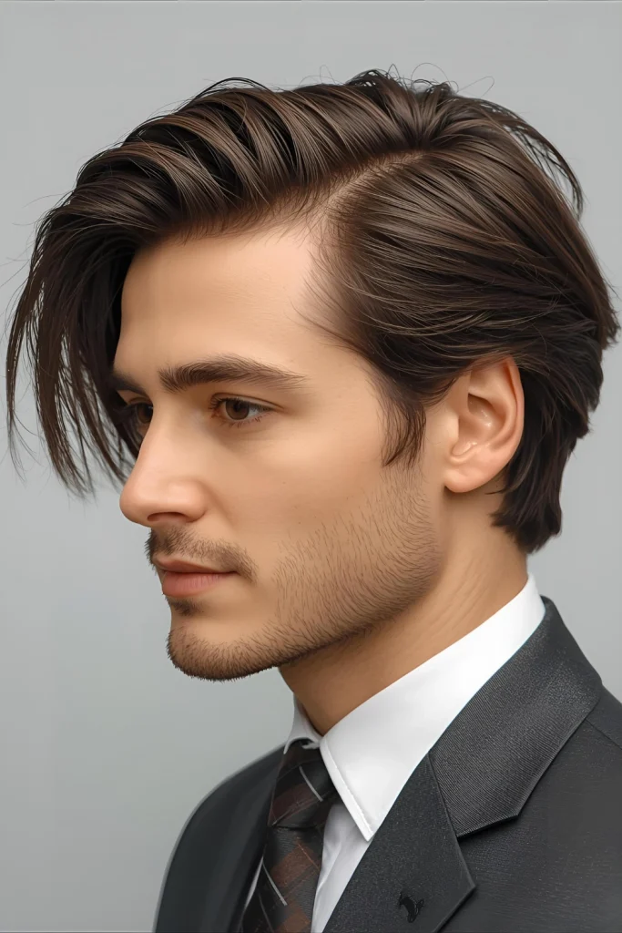 Gentle Man Perm with Side SweepA subtle perm adds just enough wave to create volume and movement, with hair gracefully swept to one side for a romantic, sophisticated appearance.