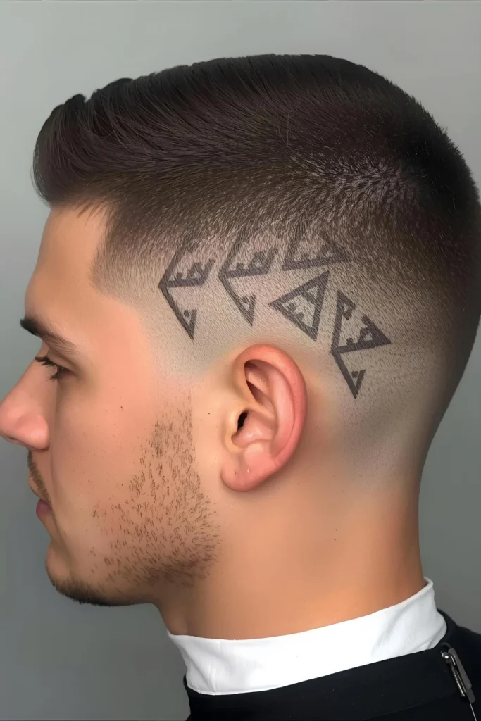 Geometric Buzz Cut Straight lines and sharp angles transform a simple buzz into a work of art with geometric patterns shaved throughout.