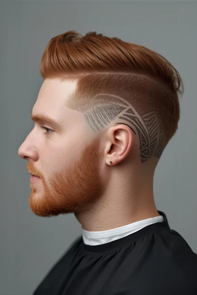 Ginger Fade with Geometric DesignTake your fade to the next level by incorporating geometric patterns shaved into the sides. The designs create stunning visual interest that complements rather than competes with your red hair.