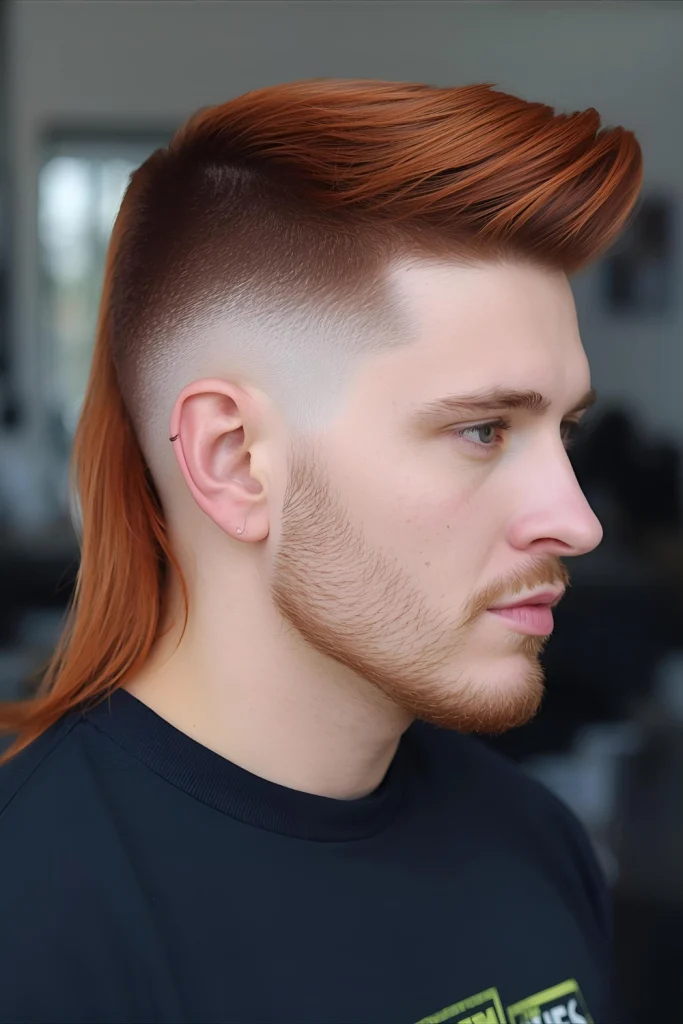 Ginger Mullet with Burst FadeThe rebellious mullet gets a fiery update with red tones that create stunning dimension. The burst fade follows your natural hairline for a custom, barber-fresh look.