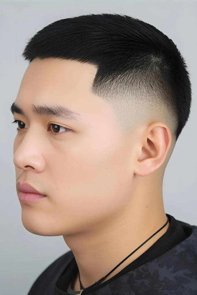 High Contrast Two-BlockThe Asian-inspired cut gets minimized with both sections kept ultra short but still distinct through texture contrast.
