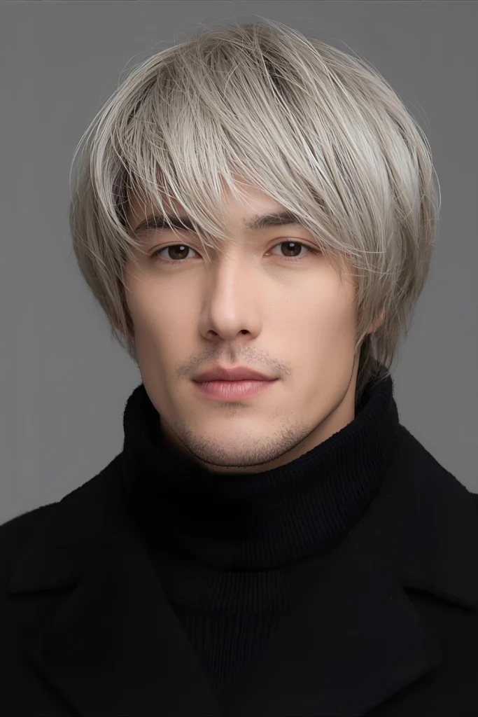 Ice Blonde Curtain Bangs Face-framing curtain bangs in platinum tones create a soft, romantic winter look that complements both casual and dressy cold-weather outfits.