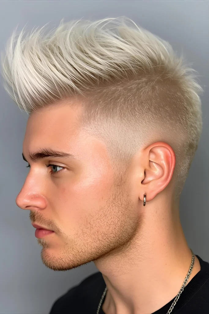 Ice Blonde Fohawk A faux hawk created with product rather than length gets dramatic impact from platinum coloring.