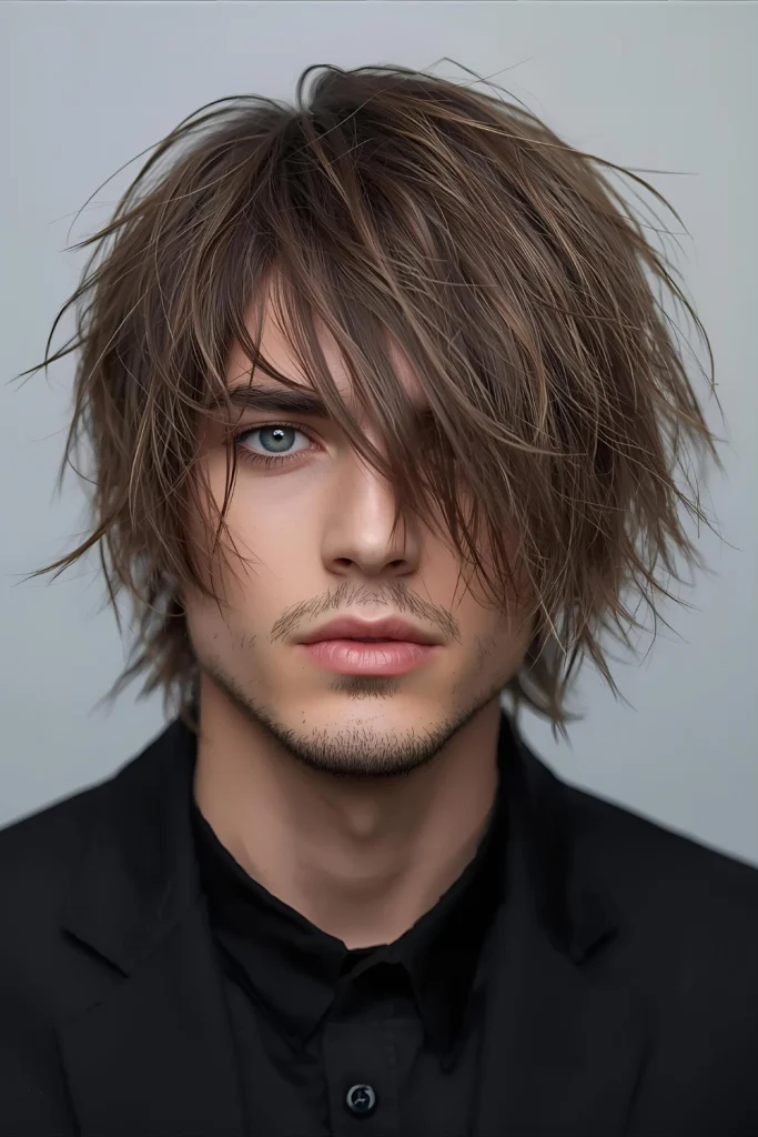 Messy Crop with Eye-Covering BangsThis rebellious yet stylish cut features textured, piece-y layers with longer bangs that casually cover one or both eyes. It's perfect for creating a mysterious, fashion-forward vibe.