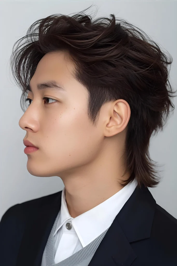 Modern Mullet with Soft TransitionThe Korean take on the mullet features a much softer transition between the short top and long back, often incorporating perm texture for a more fluid, natural look.