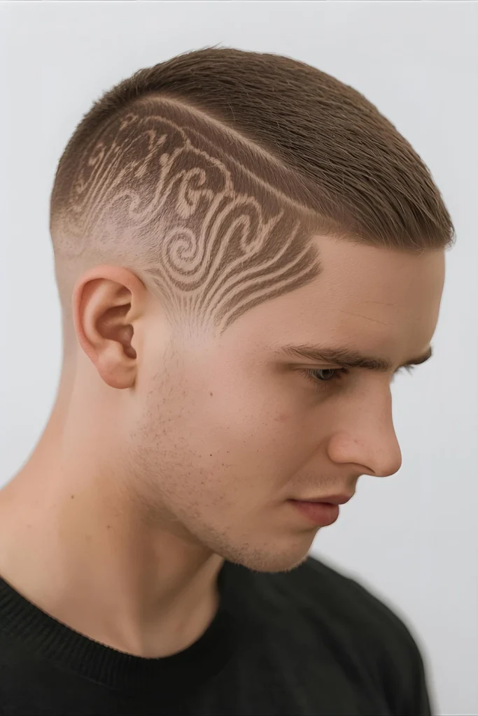 Patterned Buzz Cut Simple becomes spectacular with all-over patterns or designs shaved into a uniform buzz cut.