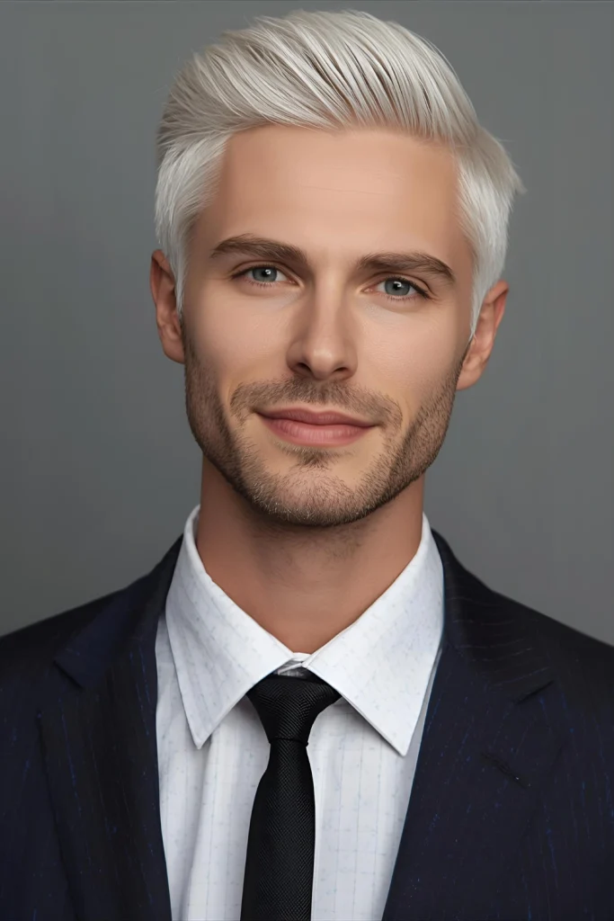 Platinum Business Cut A conservative cut gets transformed with all-over platinum that remains professional while making a style statement. 