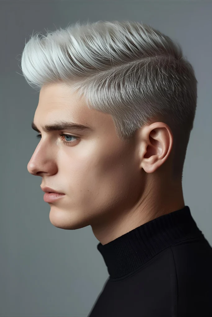 Platinum Caesar with Outline The timeless Caesar cut gets a winter update with frosty tones and a sharply defined hairline.