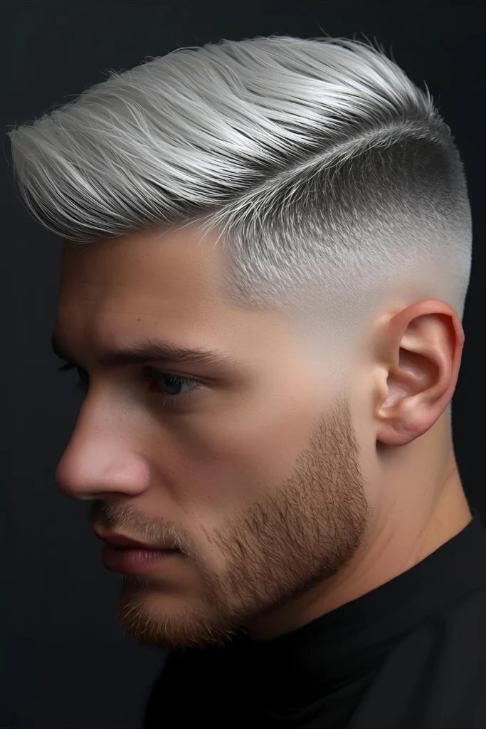 Platinum Crown with High Contrast Fade The top section gets dramatically lightened to platinum, creating stunning contrast against both the faded sides and sun-tanned skin.