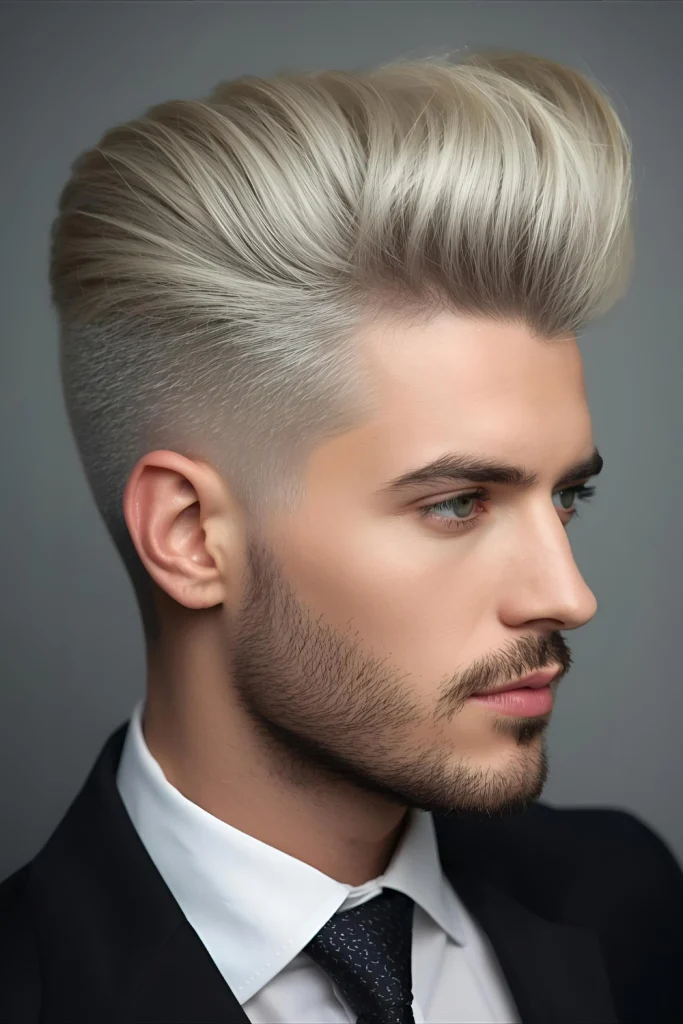 Platinum Pompadour Retro volume meets modern color in this style where the lifted front section showcases multiple dimensions of ice blonde.