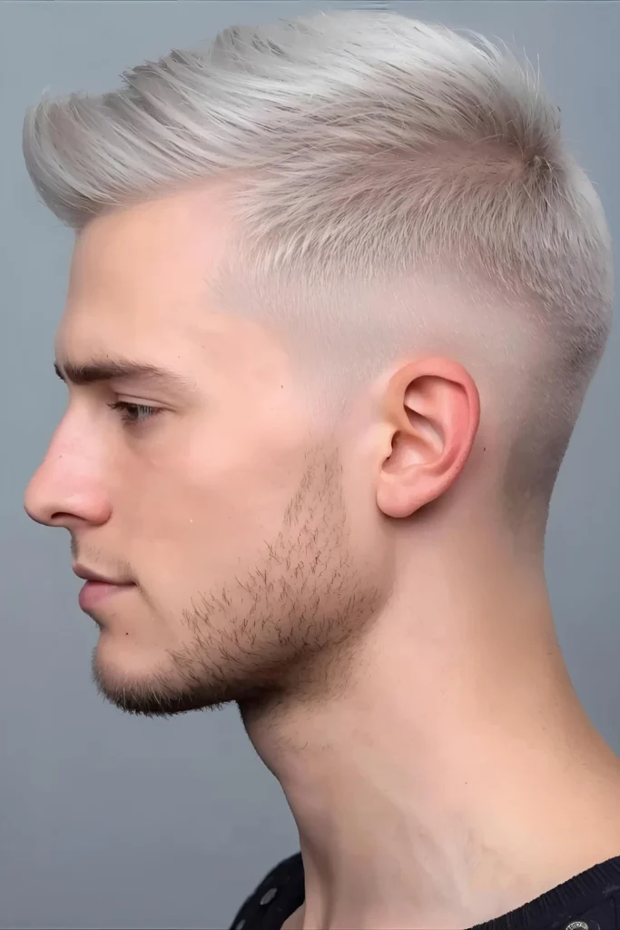 Platinum Side Part with Taper A deep side part adds sophistication to ice blonde hair, while the taper keeps the neckline clean.