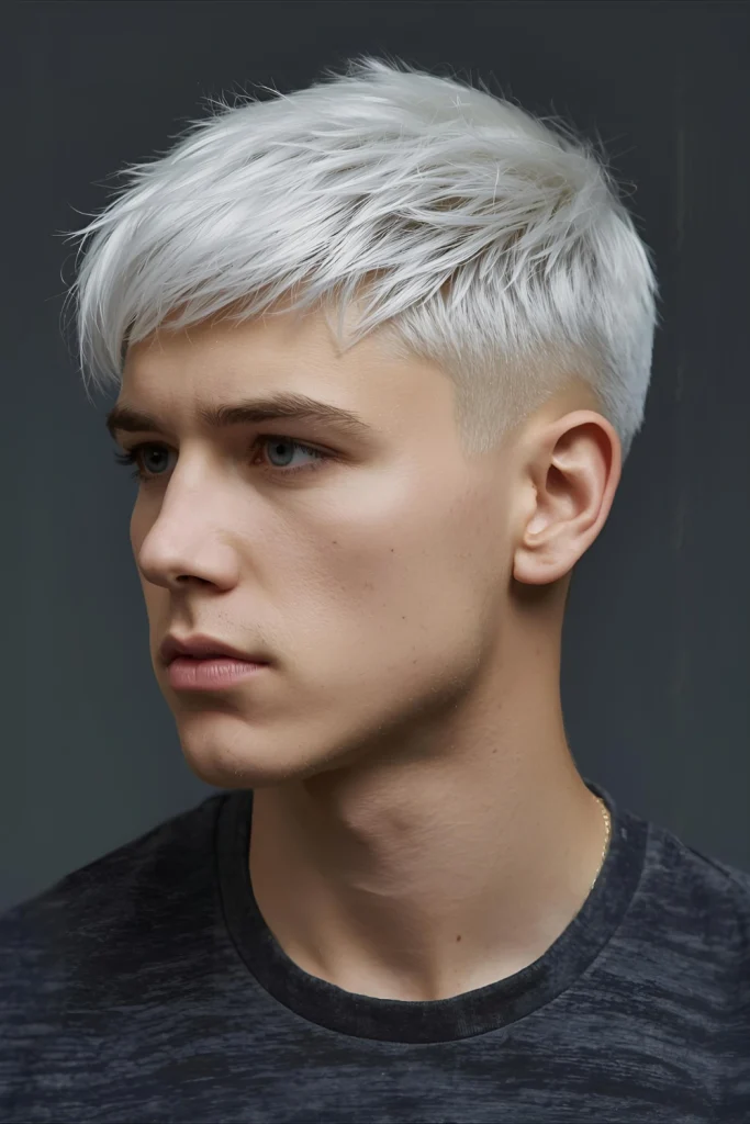 Platinum Textured Crop This short, piece-y cut gets transformed with all-over platinum blonde that catches the winter light beautifully. The matte texture prevents the color from looking too star
