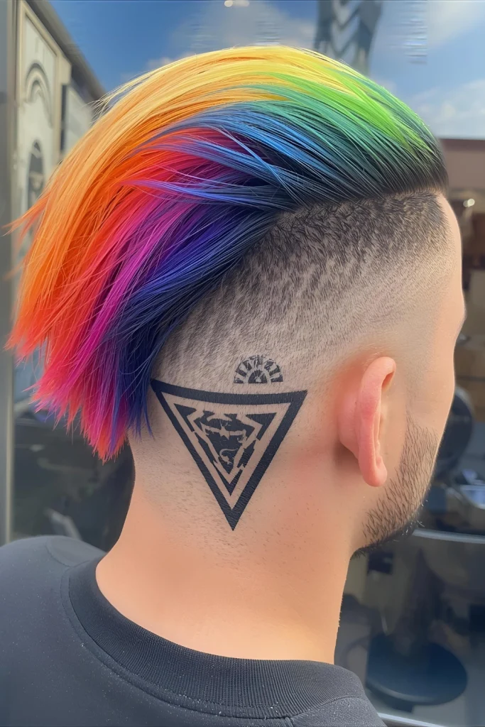 Rainbow Fade with Design Multiple colors create a rainbow effect that transitions down the length of hair, while geometric designs in the fade add another layer of interest.