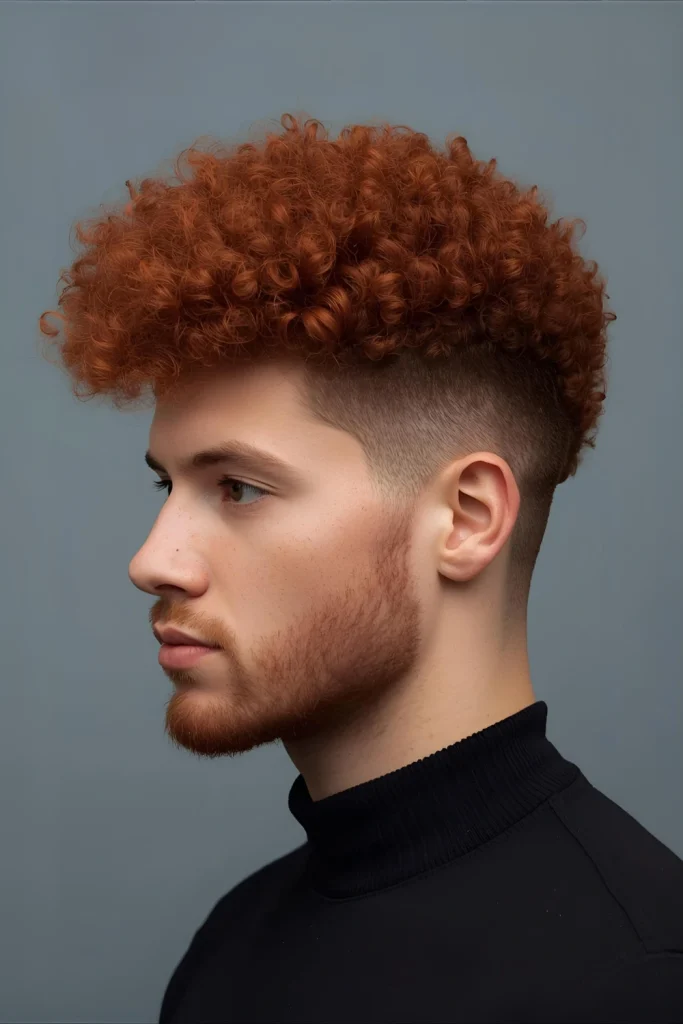 Red Afro with Tapered Sides Celebrate natural texture with a full red afro that’s neatly shaped with tapered sides. This style showcases the incredible volume and unique color of red curly hair.