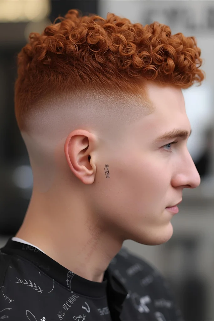 Red Curly High Top Fade Make a dramatic statement by combining tight, defined red curls on top with sharply faded sides. The contrast emphasizes both your natural texture and vibrant coloring.