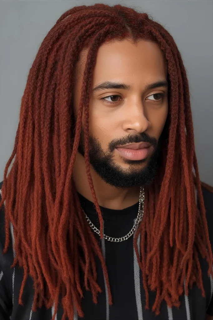 _Red Dreadlocks with Gradual Taper For men with longer red hair, well-maintained dreadlocks create a powerful, statement-making look. The gradual taper keeps the style shaped and intentional.
