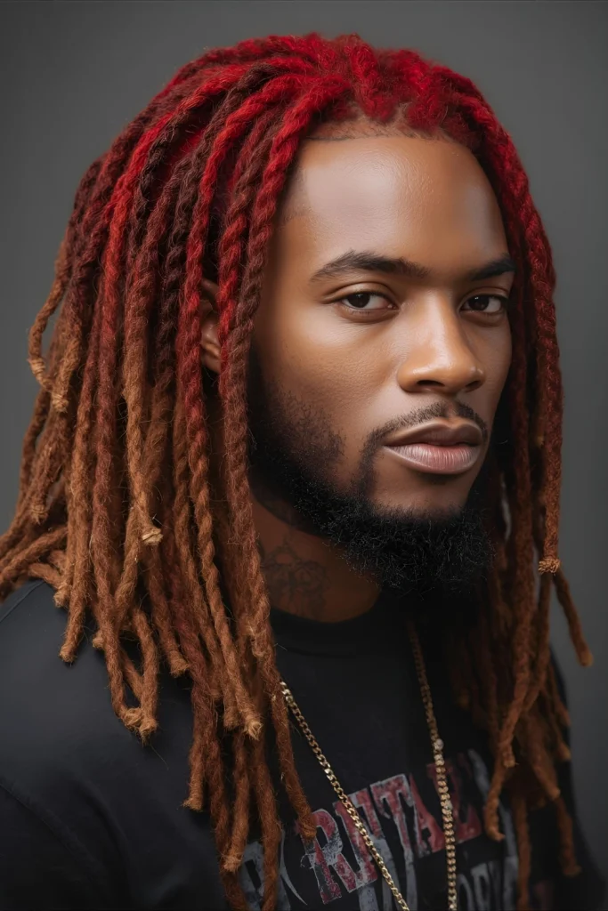 Red Dreadlocks with Gradual TaperFor men with longer red hair, well-maintained dreadlocks create a powerful, statement-making look. The gradual taper keeps the style shaped and intentional.