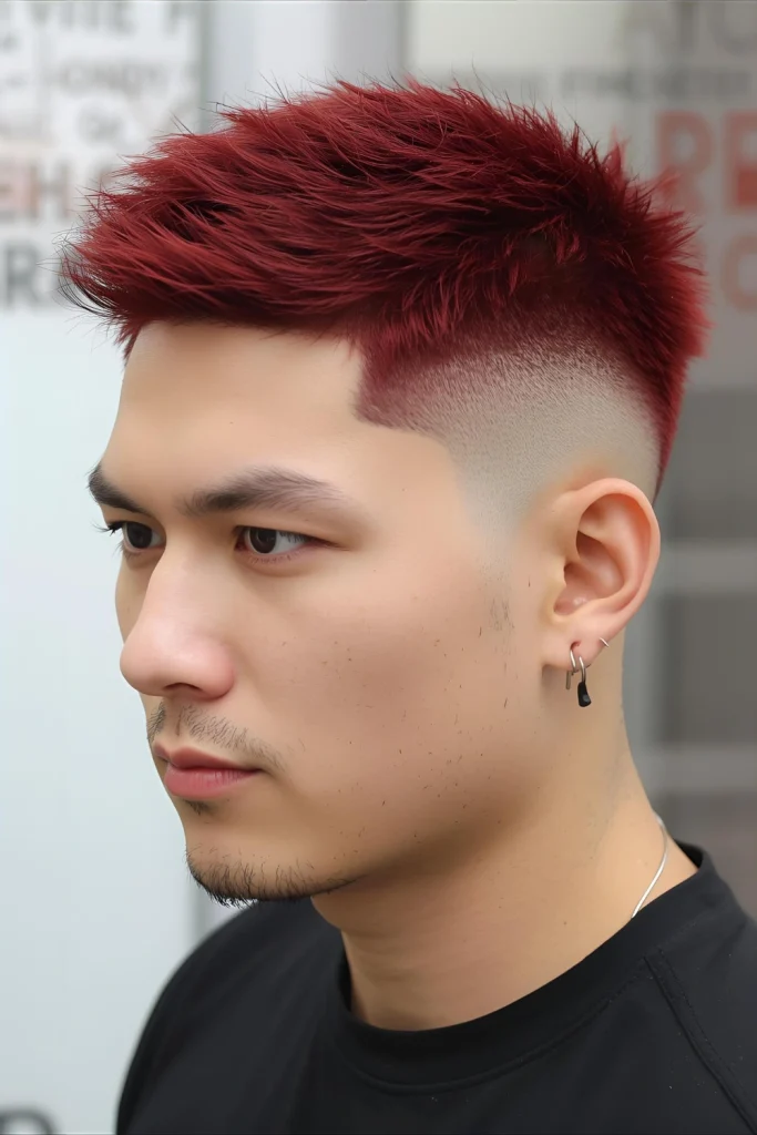 Red Two-Block Cut with Textured TopThis Asian-inspired style features a distinct separation between the short sides and longer top, perfect for showcasing your red hair's color and texture.