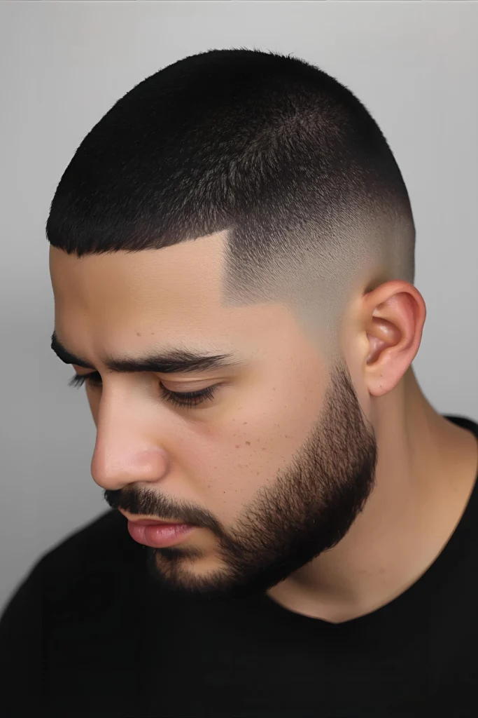 Shadow Fade with Textured Top A shadow fade leaves a hint of hair on the skin rather than going completely bald, creating a softer, more subtle contrast.