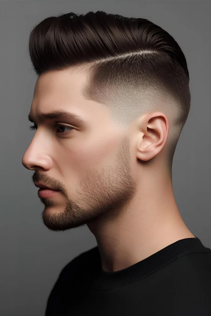 Shadow Root with Colored Fade Dark roots gradually transition into lighter ends, while the faded sides feature subtle color accents for a cohesive, fashion-forward look.