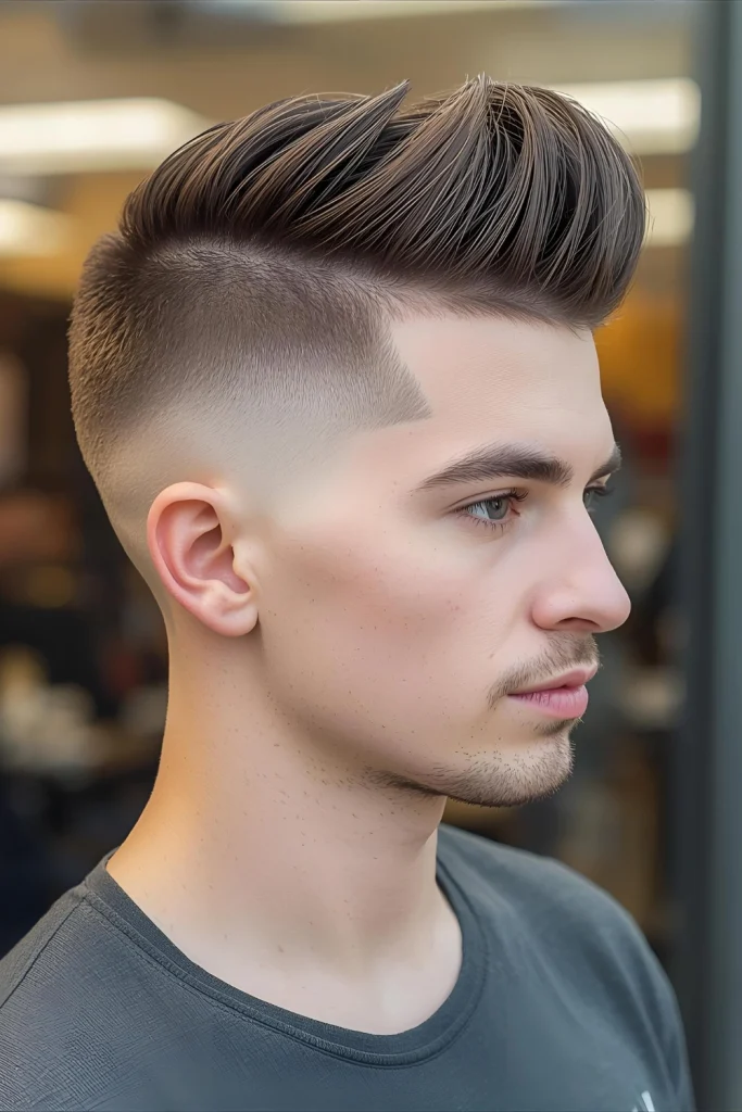 Short Pompadour with Fade

A more wearable version of the classic pomp, this style features volume at the front that's swept up and back, supported by a sharp fade.