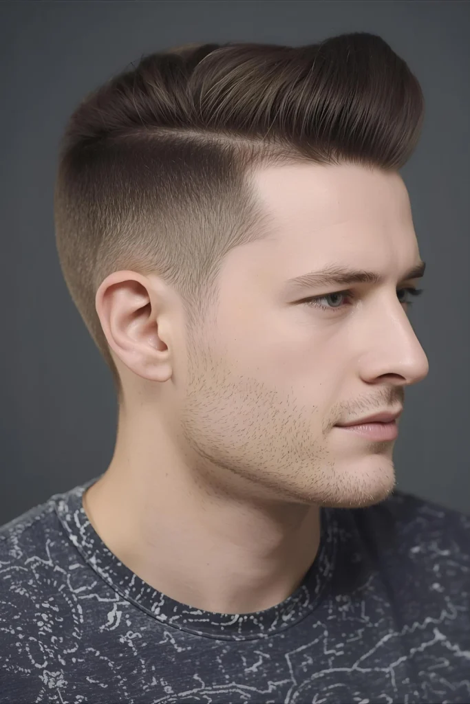 Short Pompadour with Fade Classic volume gets a spring update with shorter length that's easier to maintain in humid weather.