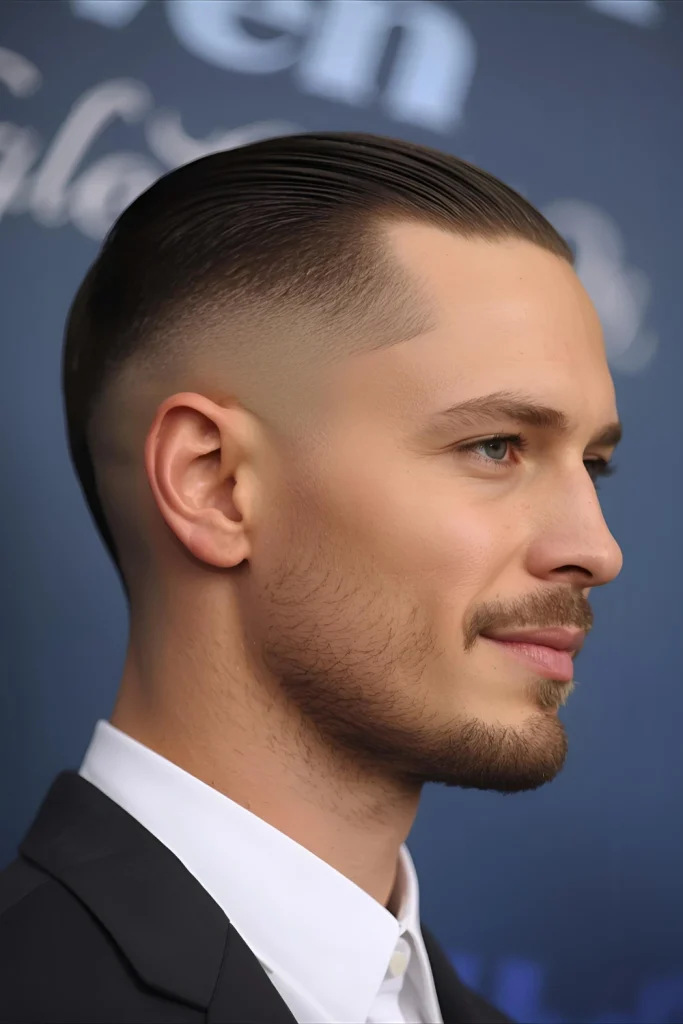 Short Slick Back with Part

A deep side part adds sophistication to the slicked-back look, perfect for professional settings that still allow for personality.