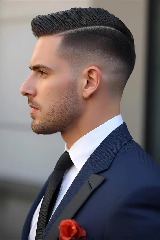 Short Slick with Part A deep side part adds sophistication to the slicked-back look, perfect for summer events and professional settings.