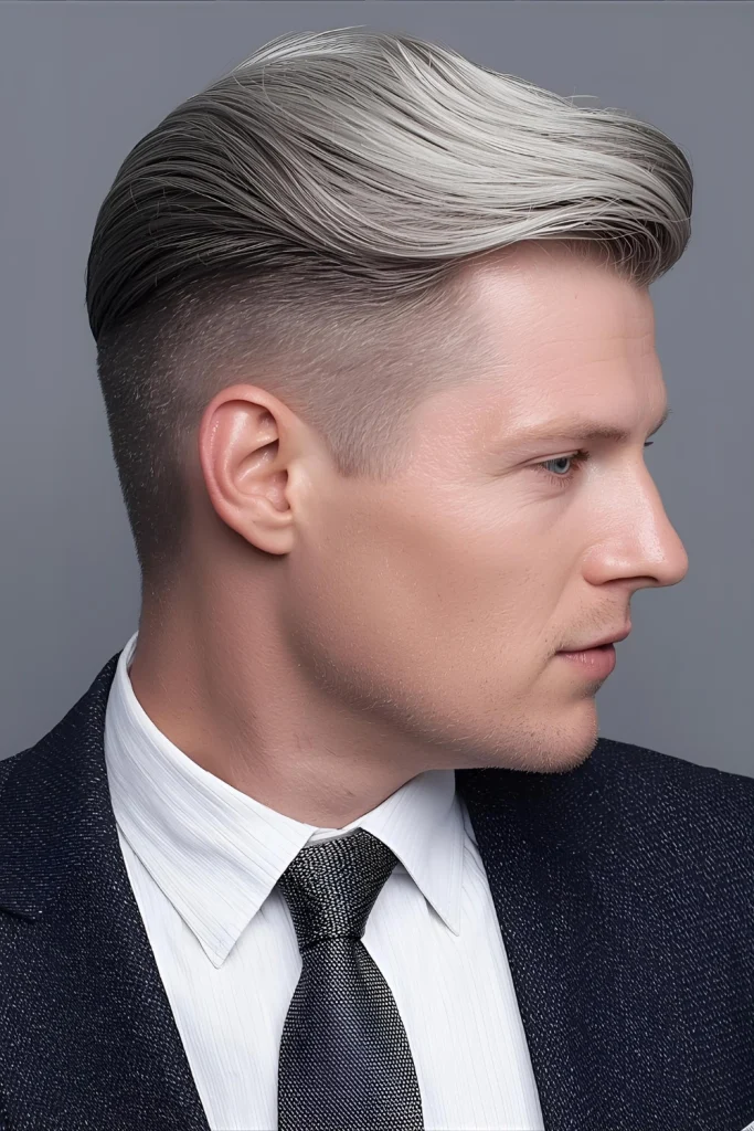 Silver Fox Slick Back Mature sophistication meets winter cool in this style where silver-toned blonde is swept back for a polished, professional look.