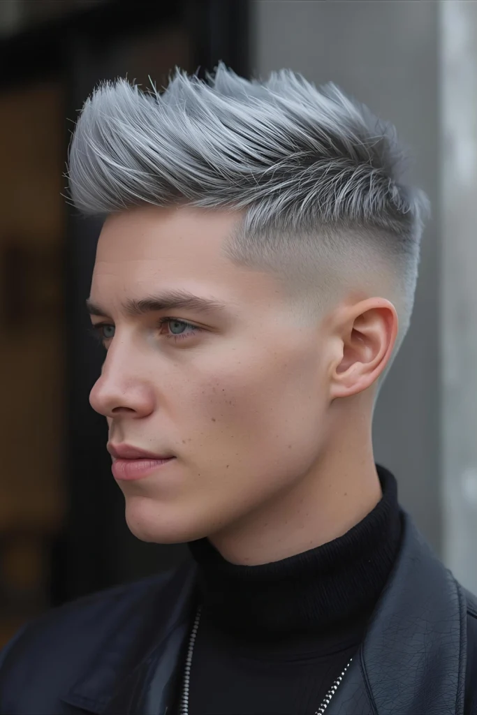 Silver Spikes with Skin Fade Piece-y spikes in silver tones stand out against a skin fade for an edgy winter look.