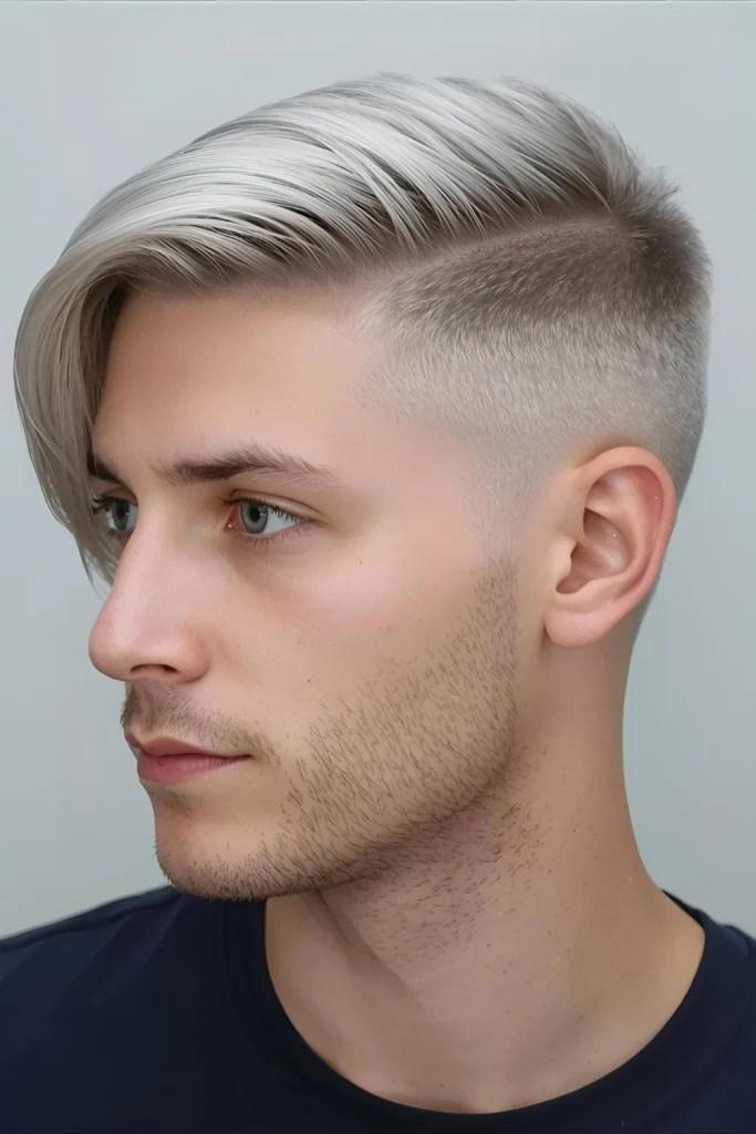 Silver Swoop with Textured Sides Longer front hair is swept to one side in silvery blonde, while textured sides add modern edge.